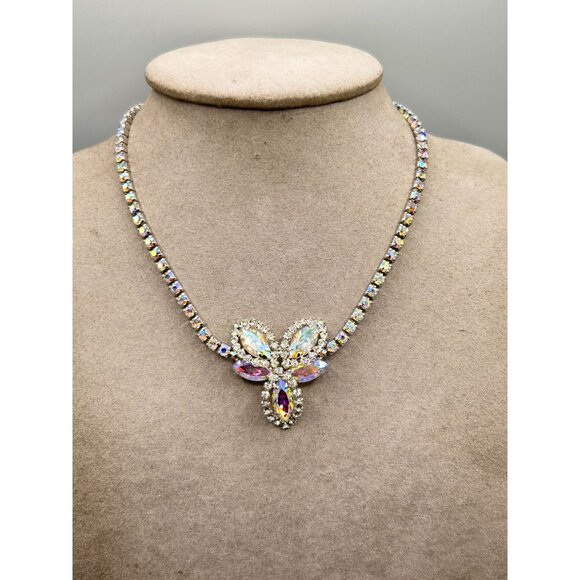 Vintage Weiss Aurora Borealis Crystal Necklace Rhinestones Choker 15" - Picture 9 of 10